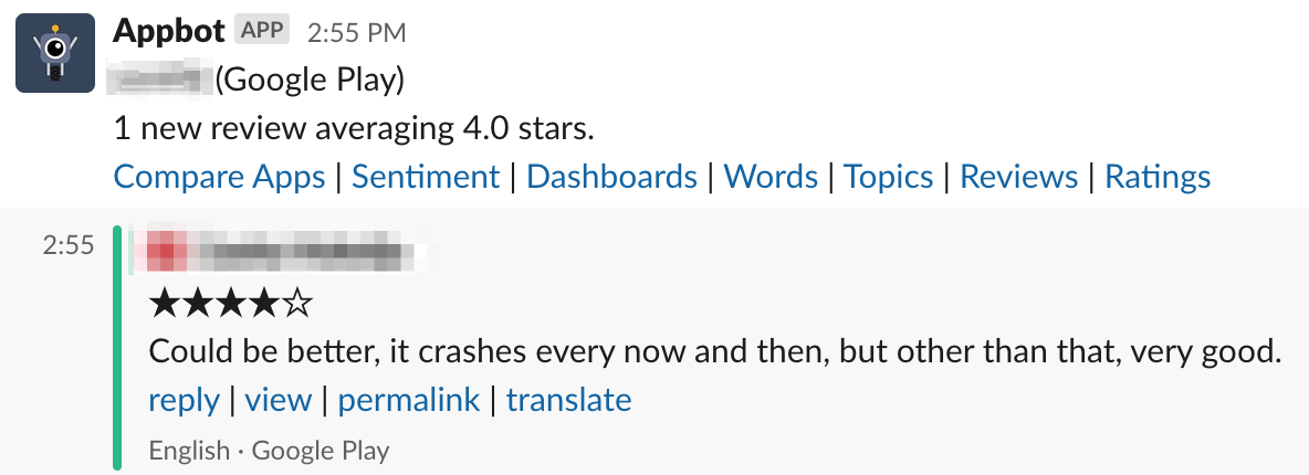 Appbot review message in Slack